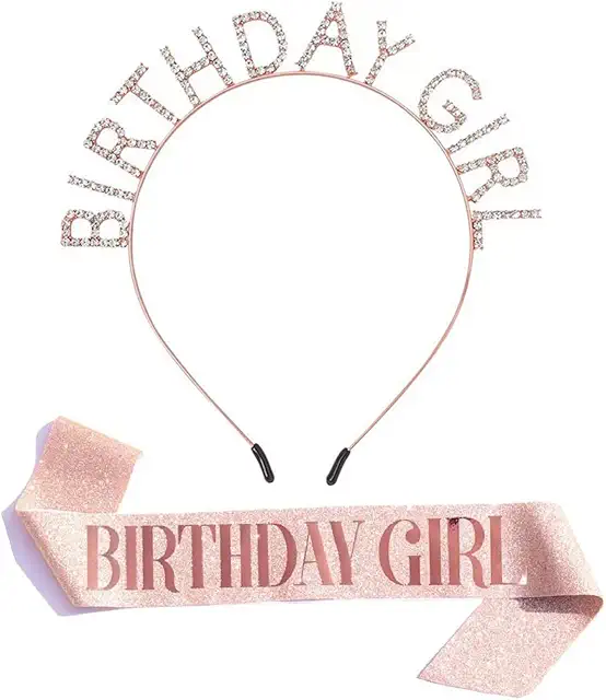 Rose Gold Birthday Girl Headband Set with Sparkling Tiara & Sash