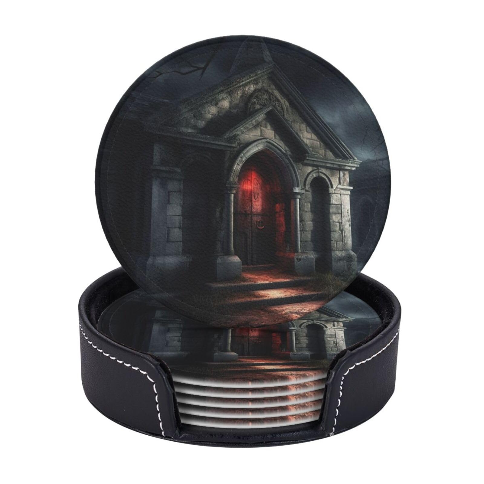 6PCS Drink Coasters with Holder, 4" Leather Coasters for Drinks, Old Crypt Cup Coasters for Coffee Table Decor, Non-Slip Drinking Cup Mat for Hot or Cold Drink
