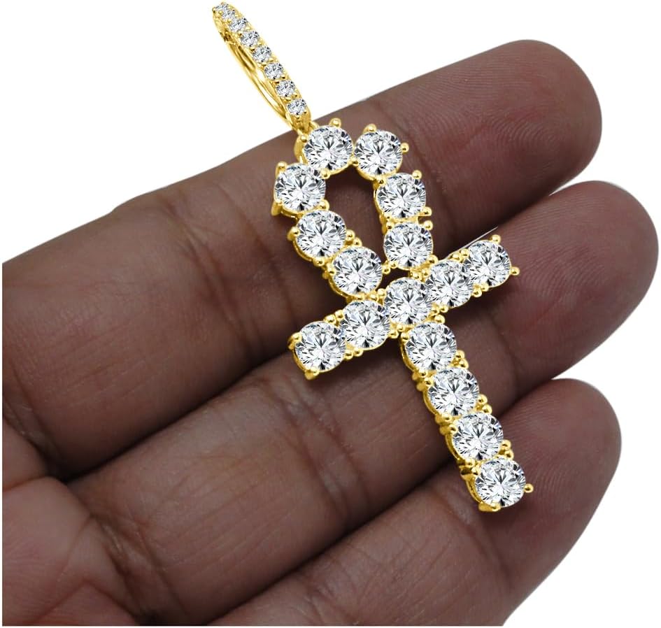 Solitaire Authentic Italian Sterling Silver VVS1/D 1.25 Cwt. Simulated Diamonds 14K Gold Finish Egyptian Ankh Cross Charm Pendant Free Chain Neckless 2.25 Inch.