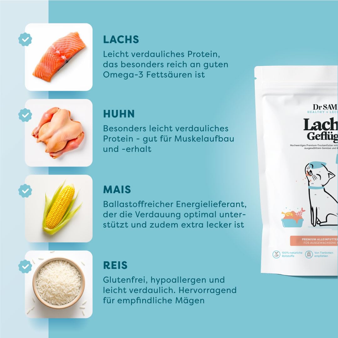 Dr. SAM Premium Trockenfutter für ausgewachsene Katzen - Lachs & Geflügel Alleinfuttermittel mit Reis und Kartoffeln fördert Zahnpflege und gesundes Fell - Gluten-& getreidefrei - Dry cat Food - 600g