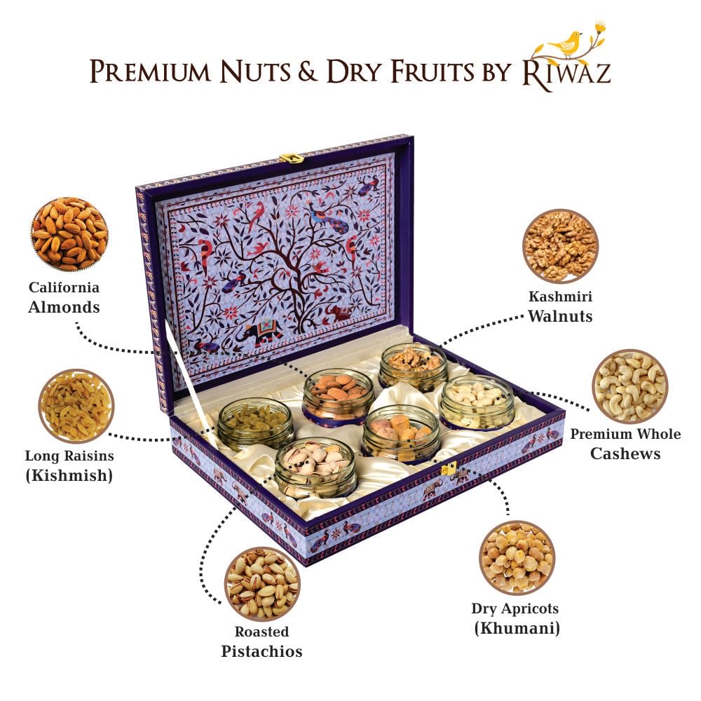 Riwaz Luxury Blue Beauty Peacock Dry Fruit Gift Box | Elegant Hamper with 6 Airtight Jars of Almonds, Cashews, Pistachios, Walnuts, Raisins & Khumani | Ideal for Diwali, Corporate & Festive Gifting 2