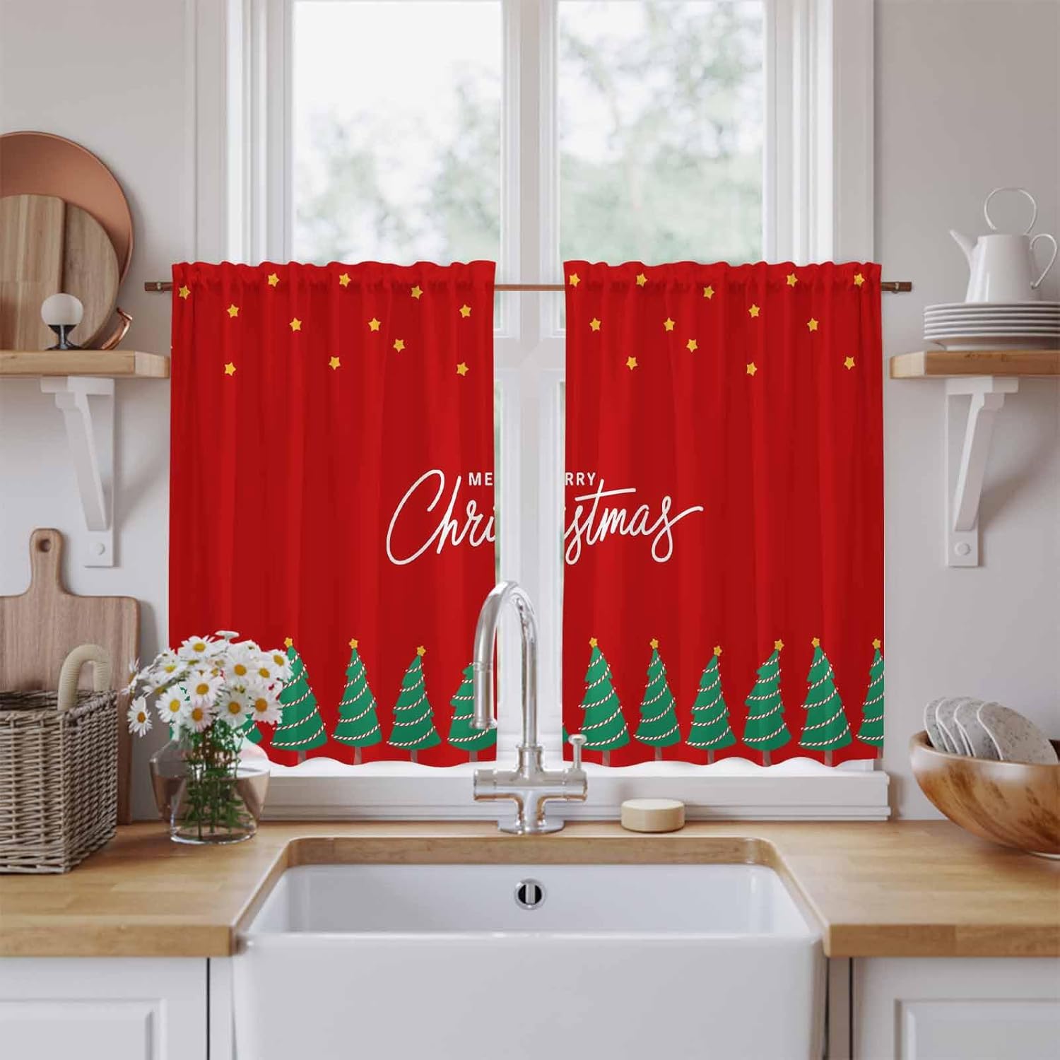 Merry Christmas Red Kitchen Tier Curtains 45 Inch Long 2 Panel Set,Rod Pocket Short Window Treatment,Xmas Tree Stars Winter New Year Curtains & Drapes for Bathroom Basement 27.5"W x 45"L