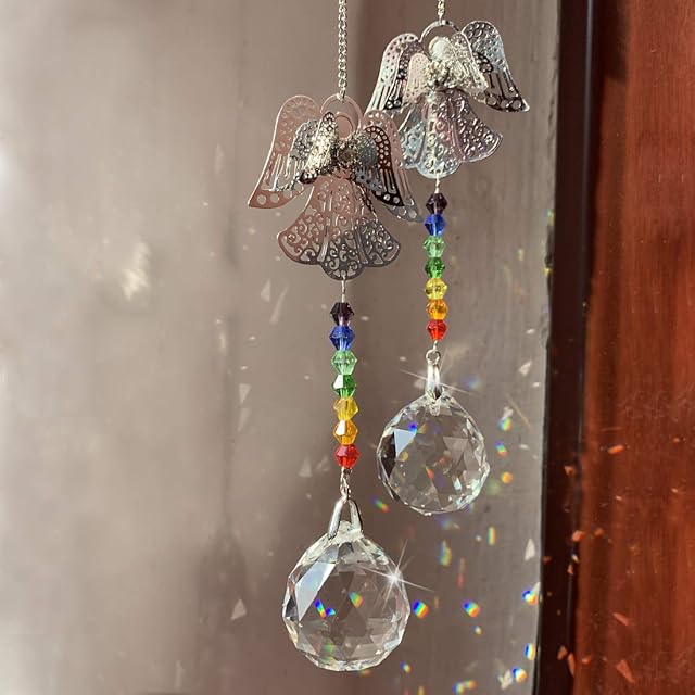 Fengshui Crystal Suncatchers with Guardian Angel Crystal Sun Catcher Pendant Rainbow Maker Window Hanging Crystal Garden Suncatcher,Pack of 2