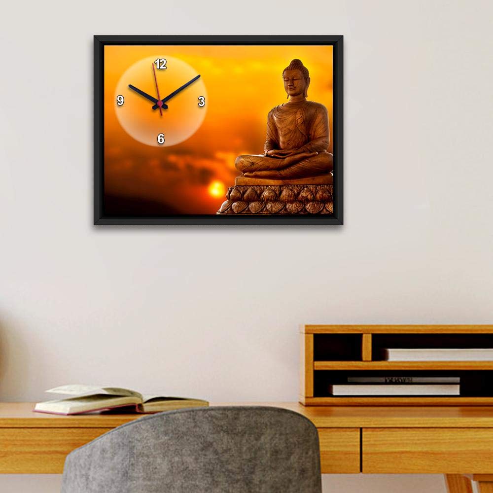 wallmantra Buddha Spiritual Canvas Printed Decorative Wall Clock with Floating Frame