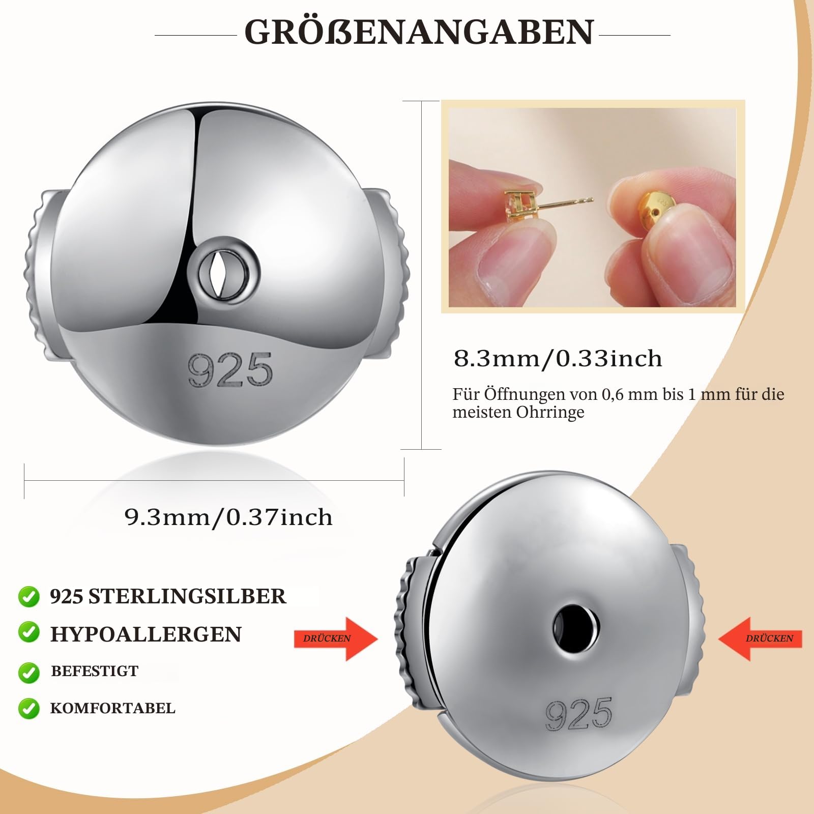 18 Karat überzogen Gegenstecker Ohrring Verschlüsse Ohrstecker Verschlüsse 925 Sterling Silber Basteln Ohrstecker Basteln Stopper Hypoallergen Ohrringstecker Verschlüsse