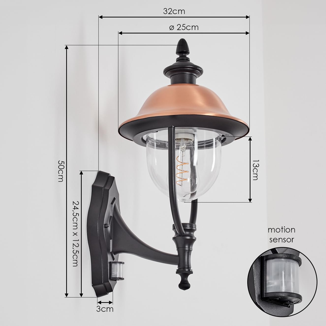 HOFSTEIN Außenwandleuchte Gascon, Außenwandlampe mit Bewegungsmelder aus Metall/Kunststoff in Schwarz/Kupfer/Klar, Wandleuchte außen im Vintage/Antik/Landhaus-Design, Garten, Hof, Haustür, E27, IP44