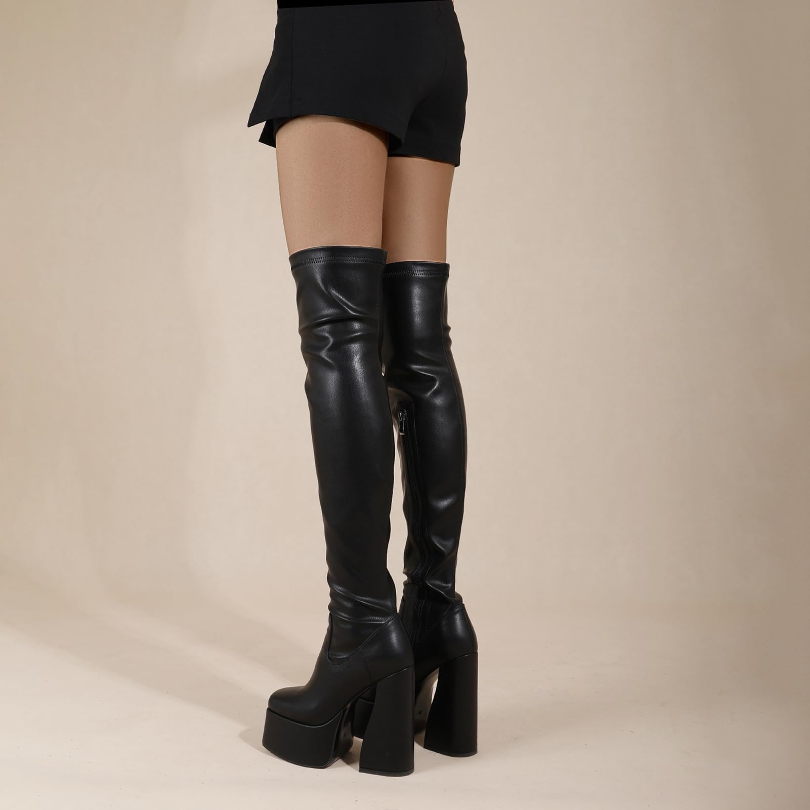 LanreyTaley Platform Thigh High Boots for Women Chunky Block Heels Over The Knee Boots Stretch Go-Go Boot Square Toe Party Boots with Zipper