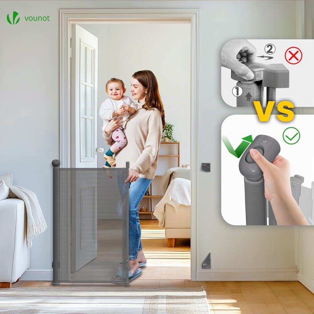 VOUNOT® Cancelletto Sicurezza Estensibile per Bambini e Cani, 0-180 cm Cancello per Cani Barriera di Sicurezza Regolabile per Scale, Corridoi e Porte, Uso Interno ed Esterno, Grigio