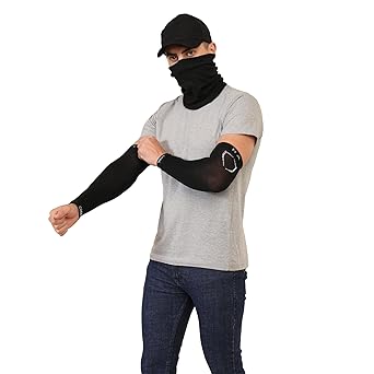 Men's and Women's Cotton Lycra Comfortable Summer Accessories Black Combo Pack of 3 Offer (Cap, Arm Sleeves, Bandana Mask)