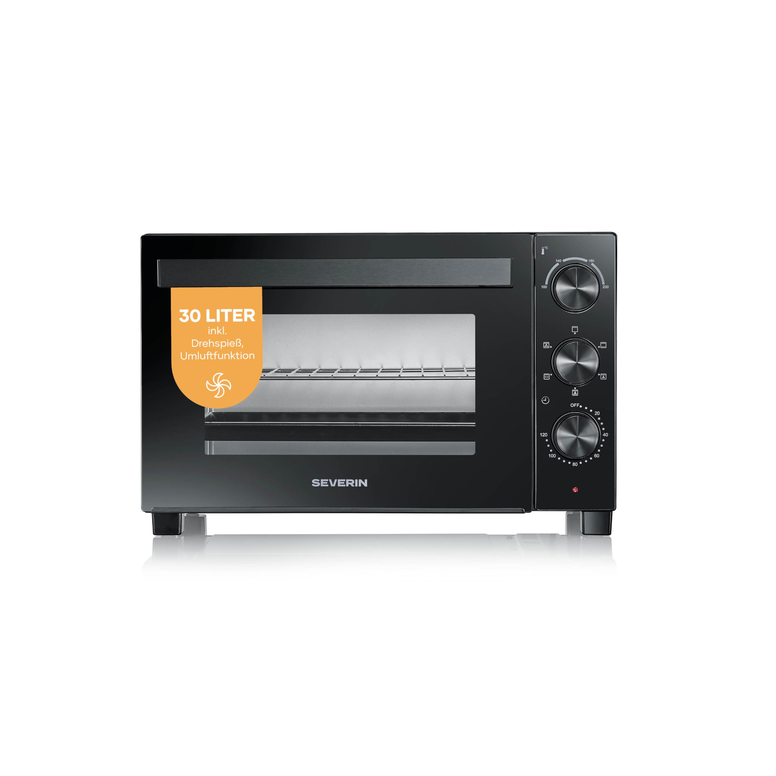 Severin Back- und Toastofen mit Umluftfunktion, inkl. Drehspieß für Fleisch, vielseitiger Heißluftofen mit 30 L Kapazität, Aufbackofen, 100-230 °C, Timer 120 Min., 1600 W, schwarz, TO 9020