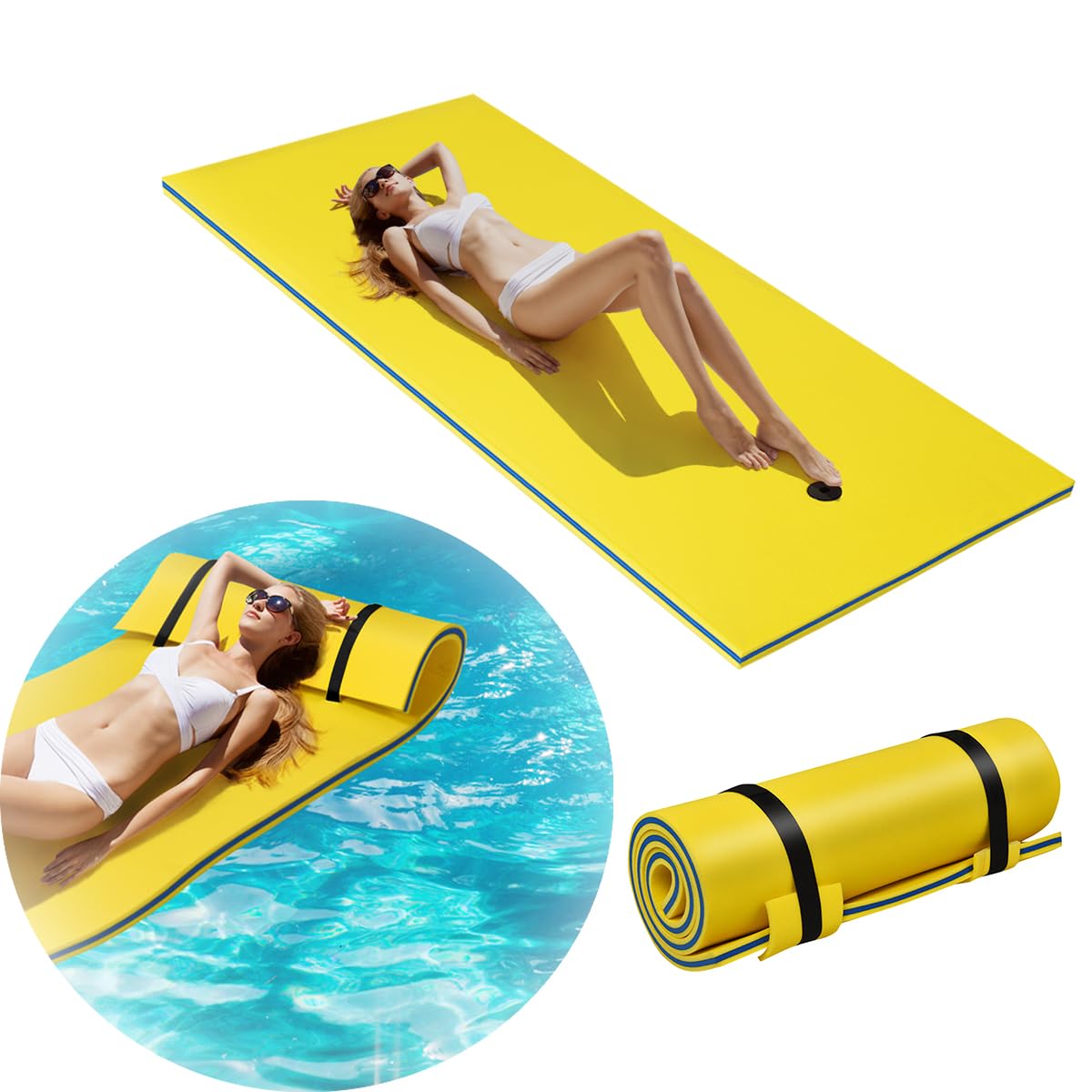 COSTWAY Tappeto Galleggiante per Mare e Piscina Arrotolabile, Materassino Galleggiante in Schiuma con Poggiatesta e Corda, Galleggiante Piscina Resistente