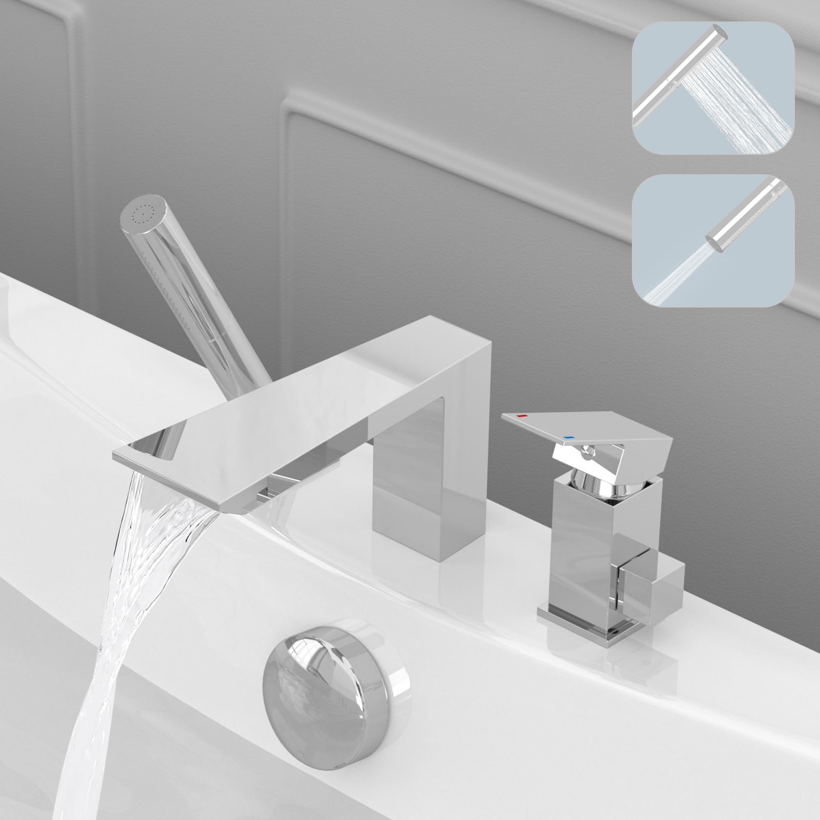 Hoimpro Deck Mount Bathtub Faucet Set, Polished Chrome Widespread Tub Filler Waterfall Spout Bath Tub Faucet