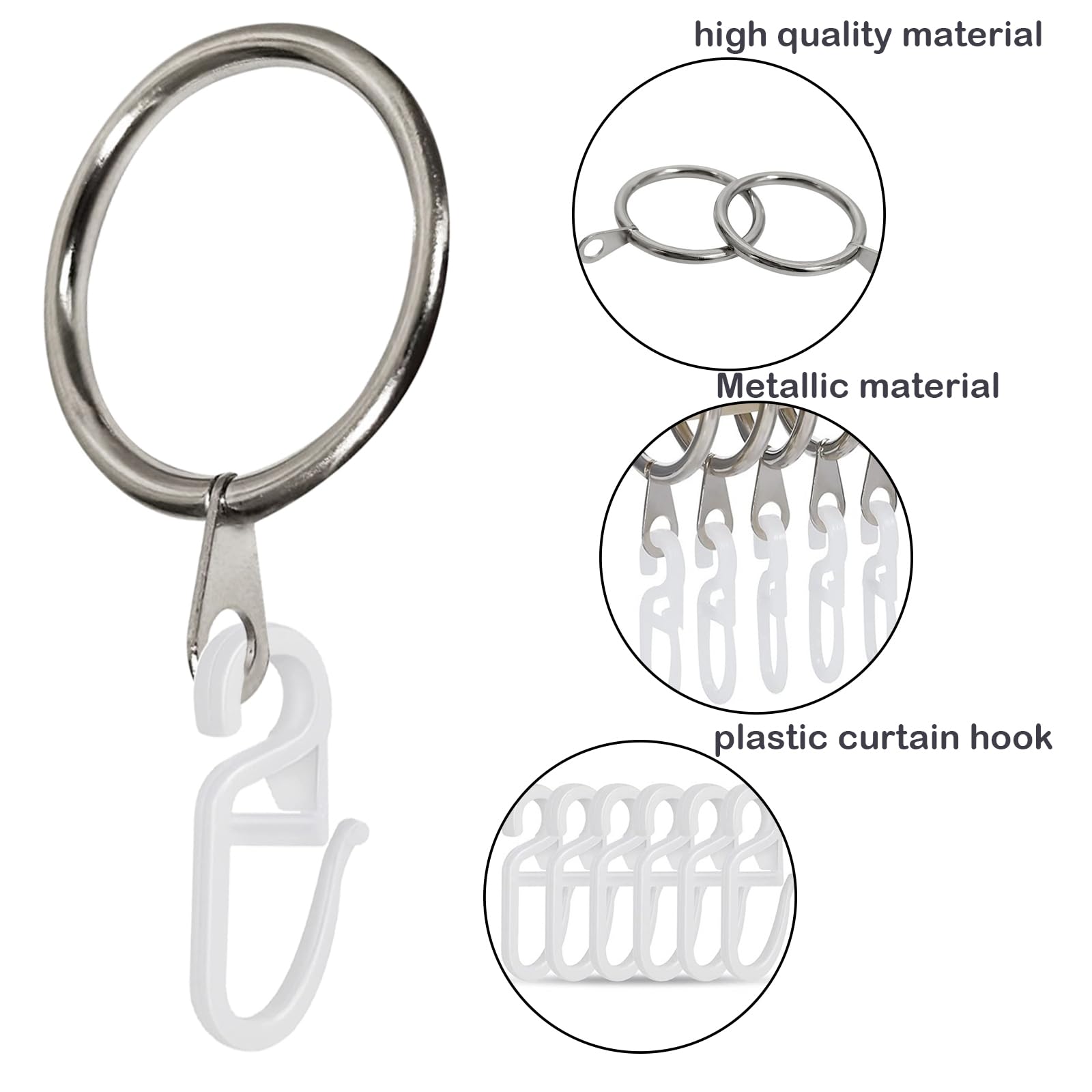 40 Anneaux Rideaux Métal + Crochets – Anneaux 30mm Argent Robuste Pour Tringle Rideaux & Douche