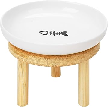 Shallow Elevated Cat Bowls with Bamboo Stand, 5.9 Inch Wide Ceramic Cat Dish Whisker Friendly,Pet Food and Water Plates