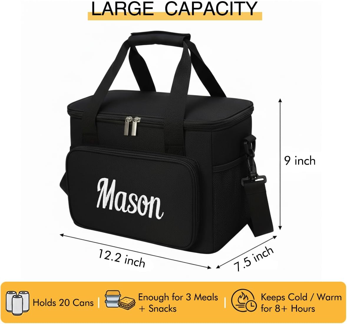 Ulico Personalized Insulated Lunch Bag, Custom Embroidered Name Lunch Box, Reusable Leakproof Lunch Tote for Men Women, Spacious 15L Lunch Bag for Office Work Picnic Travel (Black)