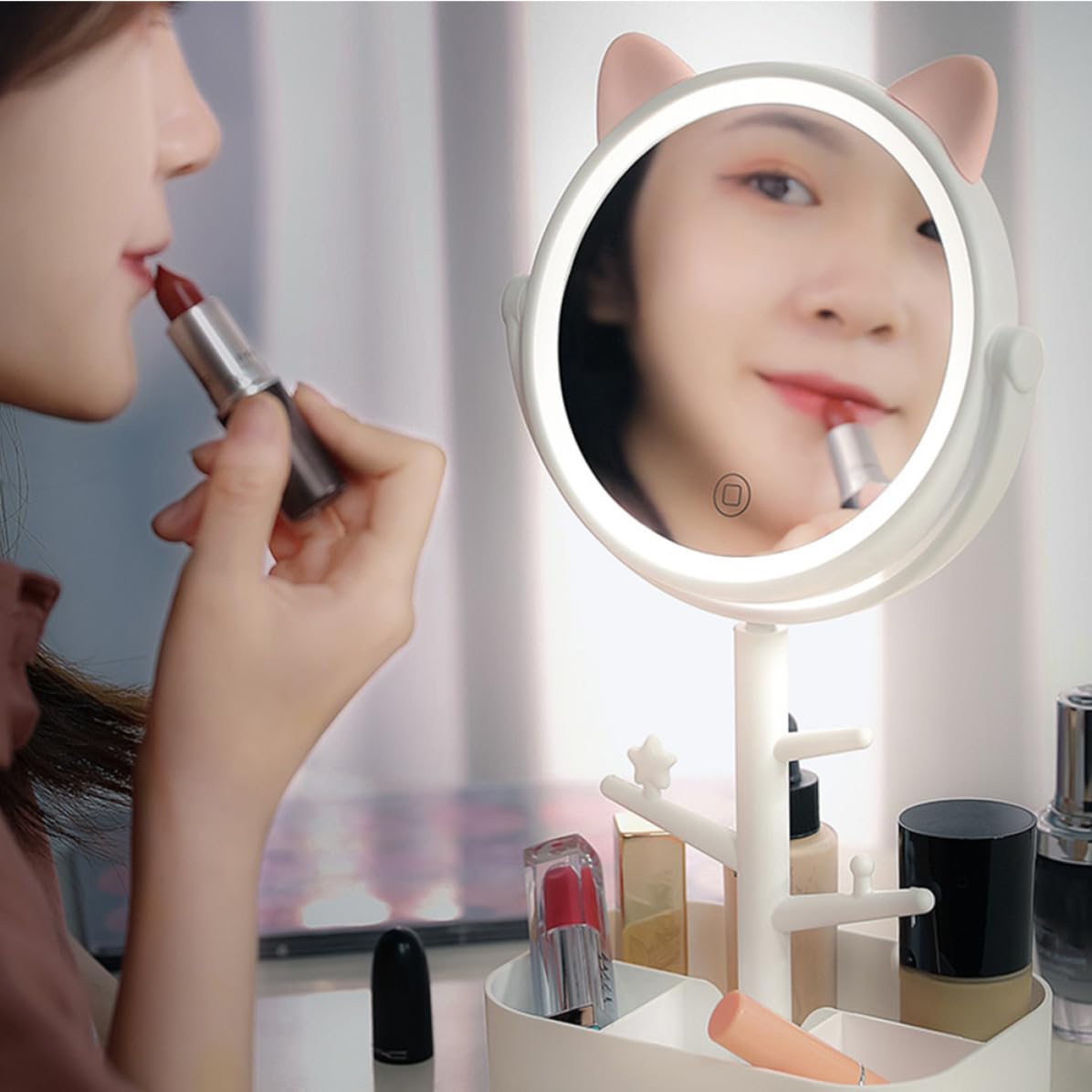 Specchio Trucco con Luci Led, Ricaricabile 500mah, Bianco | Dimming Continuo, Vetro ad Alta Definizione, Vano Integrato, Plastica, per Bagno e Toilette