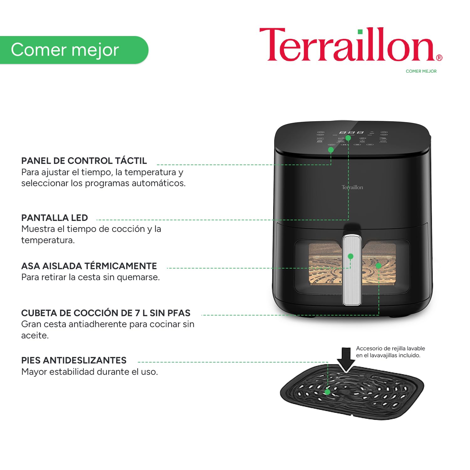 TERRAILLON – COOK&FRY XL 7L – Freidora sin aceite-freidora de aire – 2300 W – Doble resistencia para una cocción homogénea, sin PFAS – 8 programas – 80 °C a 200 °C – Pantalla LED táctil