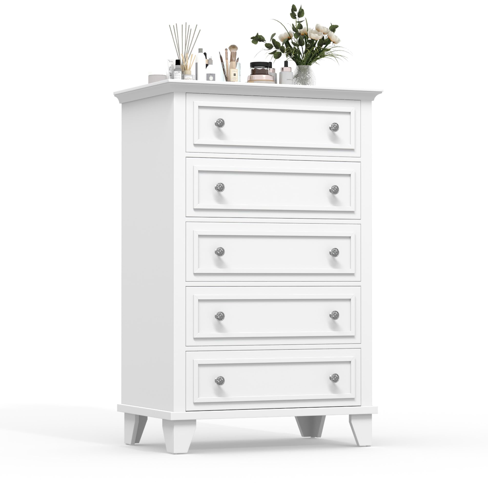 GarveeHome White Dresser for Bedroom, 48" Tall Dresser with 5 Drawers, Chest of Drawers with Storage, Vintage Wood Dressers for Closet, Living Room, Hallway