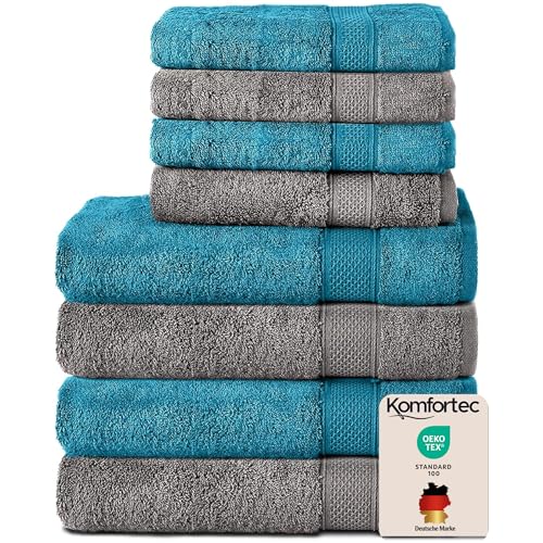 Komfortec 8er Handtuch Set aus 100% Baumwolle, 4 Badetücher 70x140 und 4 Handtücher 50x100 cm, Frottee, Weich, Towel, Groß, Anthrazit/Türkis