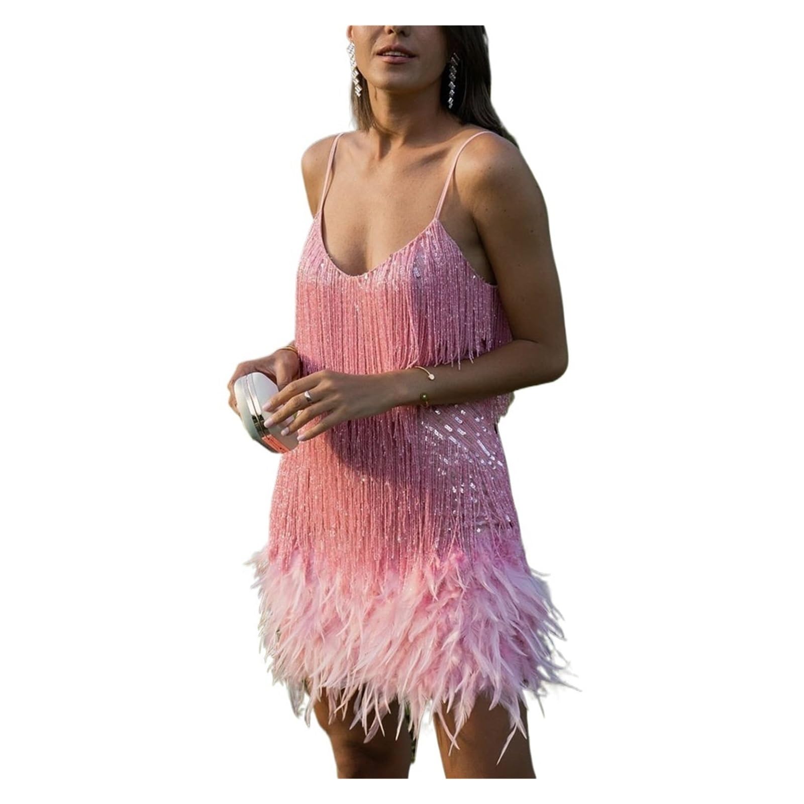 Lnnxsz Women's Pink Sequin Fringe Dress Sexy Tassel Sequins Feather Mini Dress Gold Cocktail Dresses Elegant Evening Party Club Prom Dress (Color : Size : Xl)