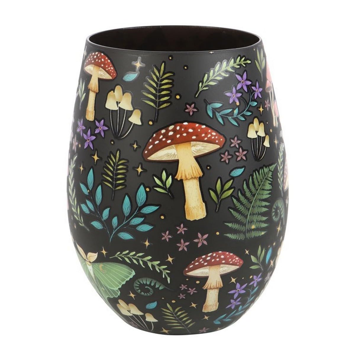 Something Different Wholesale Dark Forest Print Stemless Wine Glass: Celestial Wonderland Design - Whimsical Toadstools and Luna Moths - Unique and Distinctive Home Décor Piece