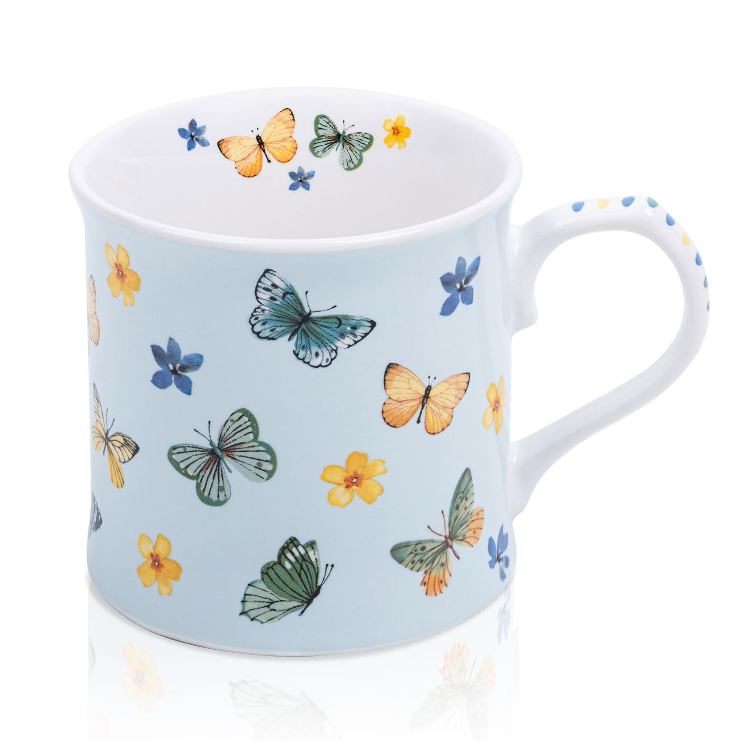 Colorful Butterfly &amp; Floral Coffee Mug – 12 oz Premium New Bone China Blue Tea Cup, Elegant Ceramic Mug Gift for Women, Mom &amp; Butterfly Lovers – Designed in England by Harvest Green Studio