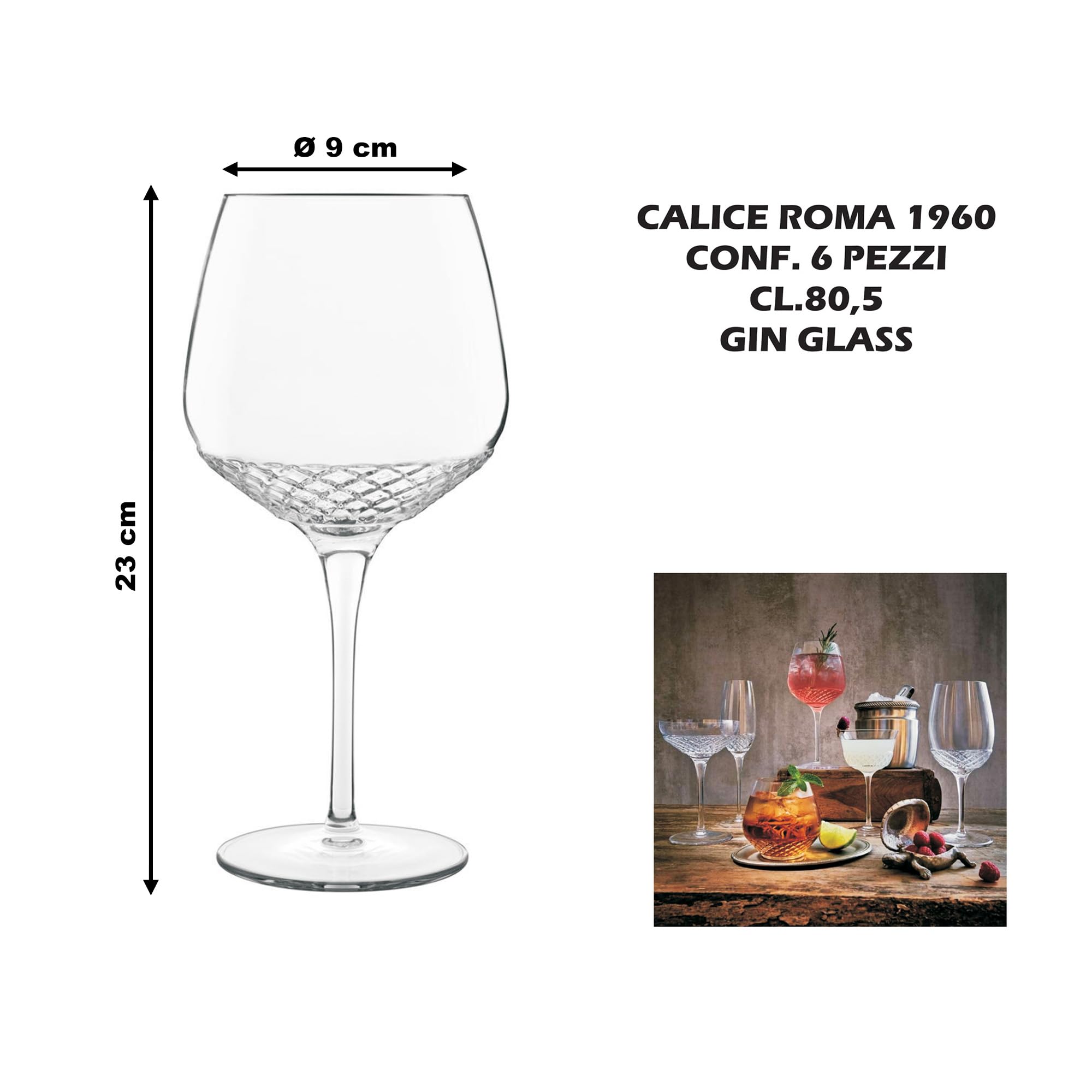 Bormioli Rocco Calici di Vetro Roma 1960 per Gin - Set da 6 Pezzi - 80,5 cl - Titanium Reinforced - Vetro Sonoro Superiore High-Tech senza piombo - Lavabile in Lavastoviglie - Resistente alle Rotture