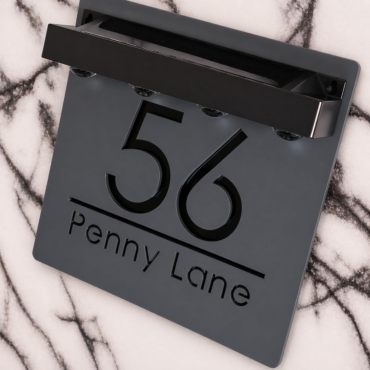 K Smart Sign | Bellissima S1 LED F31 | Square Solar Light House Signs Door Number Plaques With LED Personalised Name Address Sign For Wall (Anthracite & Gloss Black)