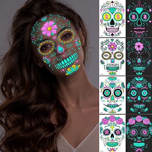 Ruucy 4 PCS Tatouage Éphémères Visage, Durable Tatouage Fluorescent Femme et Homme, Tatoo Temporaire Imperméable pour Noël, Rassemblements, Vacances et Fêtes Cover
