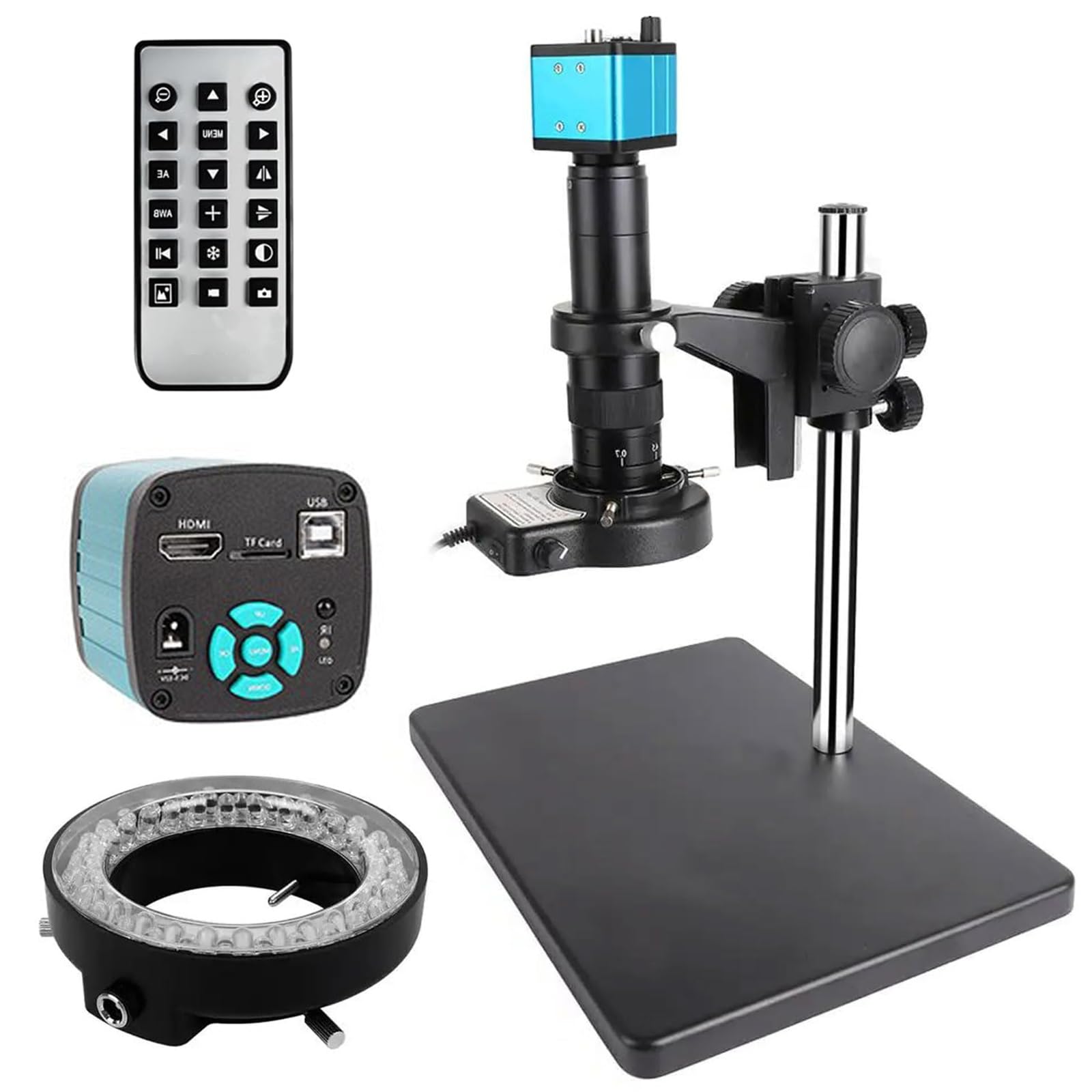 Zestaw mikroskopu przemysłowego z kamerą CCD, cyfrowy mikroskop laboratoryjny 4K HDMI USB z pilotem, statywem stereo i pierścieniowym oświetleniem LED, elektroniczny obiektyw wideo 180X