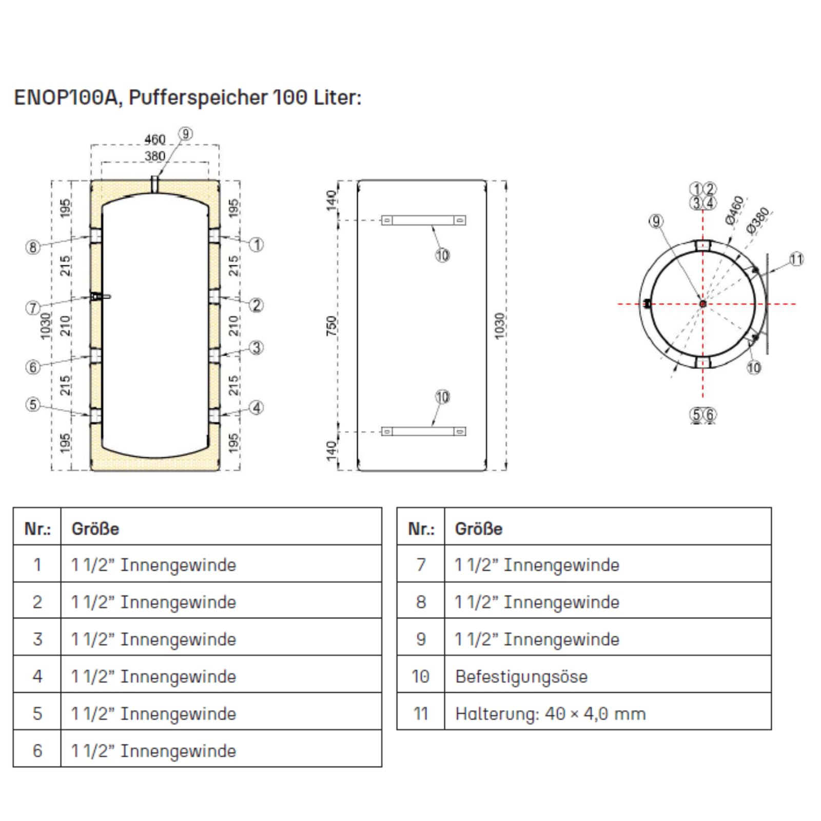 ENVIRON - Kompakt Pufferspeicher aus Edelstahl [40-200 Liter] Energieeffizienzklasse A | Inkl. Wandhalterung & Tauchhülse | Ideal für Wärmepumpen (100 Liter)