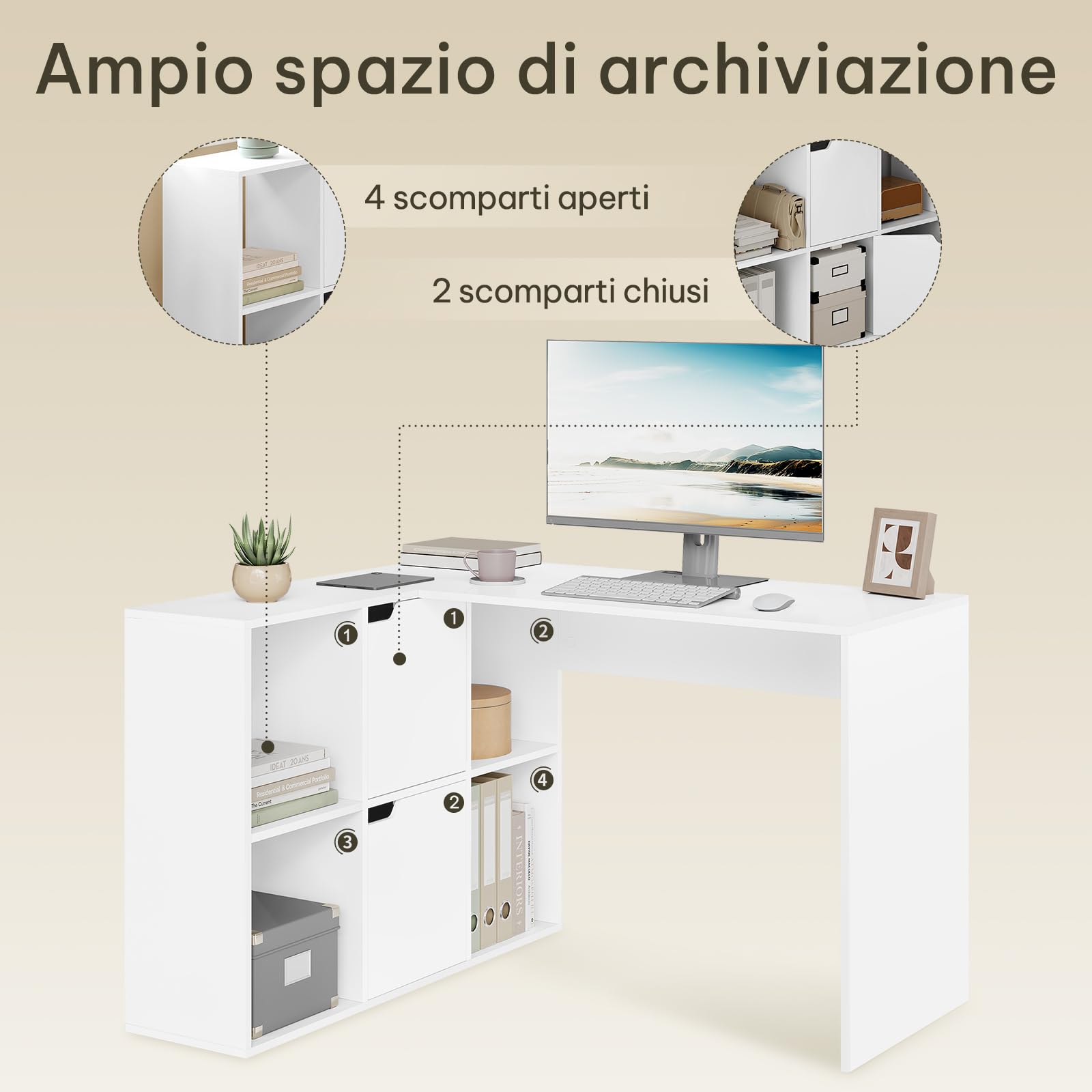 eSituro Scrivania Angolare a L con Libreria, 120 x 100 cm, Bianca | 4 Scomparti Libreria, 2 Armadi, Doppio Piano, per Computer e Studio