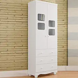 Guarda Roupa Infantil Uli 2 Portas 3 Gavetas Branco Brilho Carvalho Móveis Peroba Branco Brilho