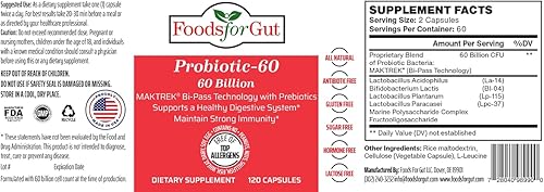 Miniatura 2 de Foods For Gut Cápsulas probióticas de 60 mil millones de ufc  Tecnología MAKTrek Bipass  Apoyo digestivo e inmunológico 120 cápsulas