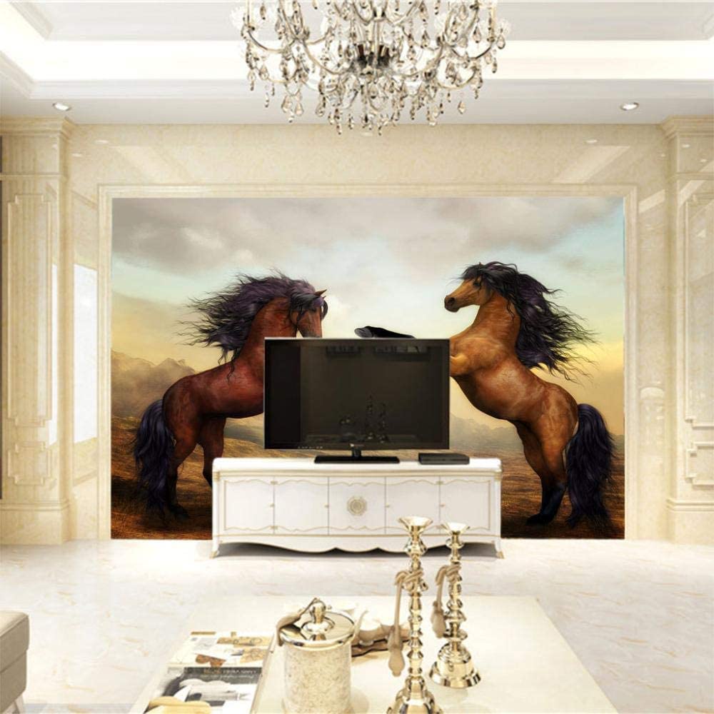 Arte Moderno 3D Mural Wallpaper, Animal Marrón Pareja Caballo Murales De Pared 3D Espacio Grande Papel Tapiz Decoración Pinturas, Sala De Estar Tv Bar Ktv Telón De Fondo Dormi 300(ancho)x210(alto)cm