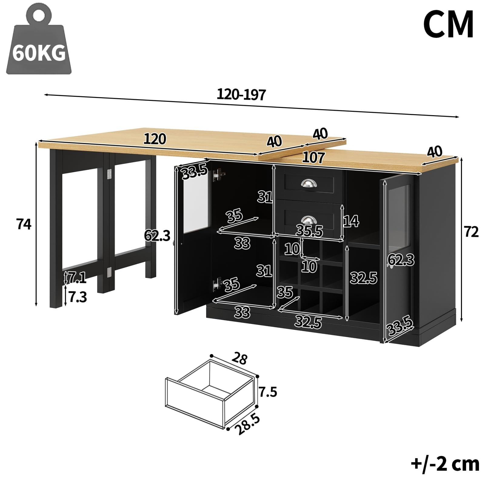YEHTOKHOME - Isla central de cocina con almacenamiento y encimera, mesa de comedor extensible de 120 a 197 cm giratoria a 360 °, 2 cajones y 2 puertas con LED, bodega, mesa de bar (G-Negro)