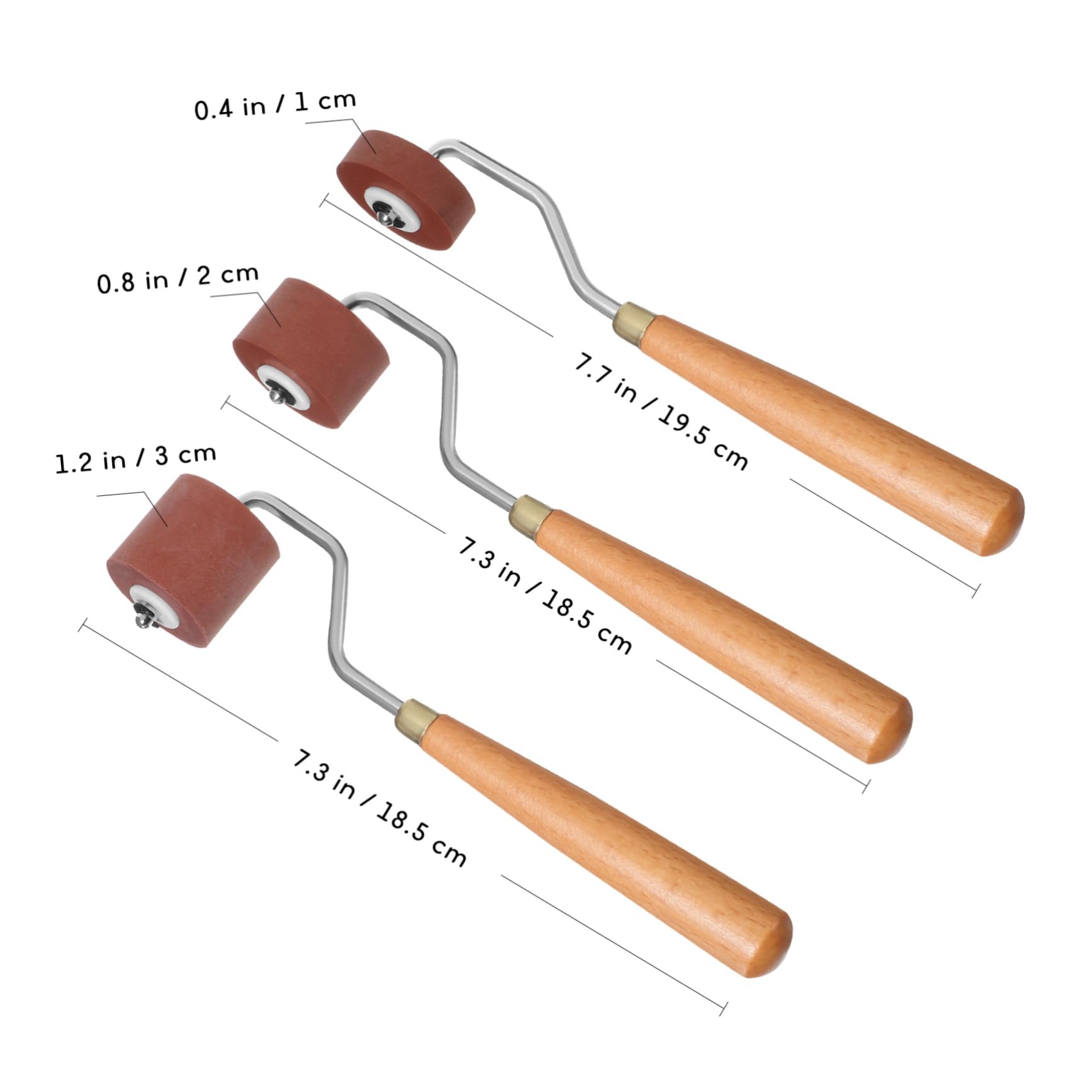 WOONEKY 3 Stück Gummiwalzen für Druck mit Holzgriff Glatte Oberfläche Verschiedene Breiten 1-3cm für Künstlerische Projekte und Linoldruck