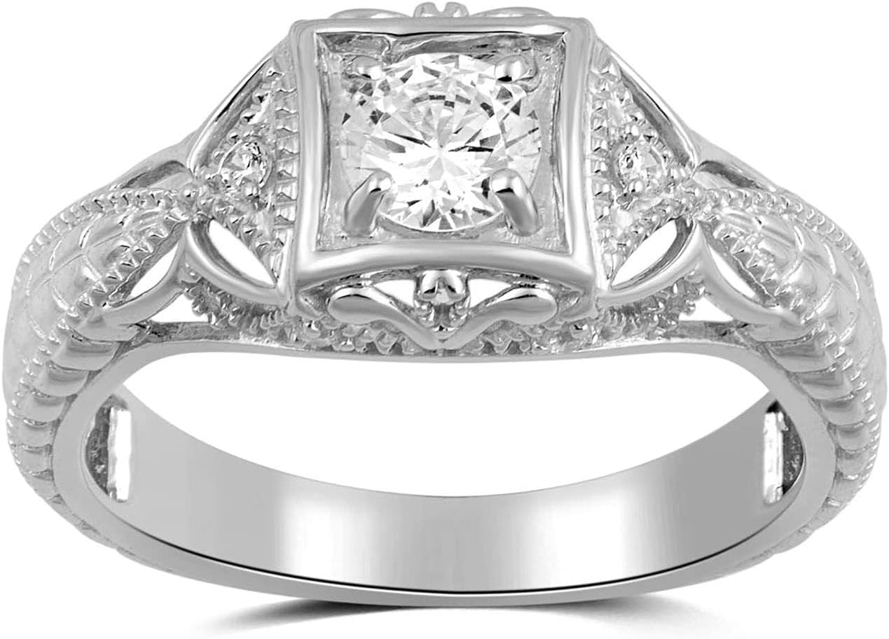 Jewelili Sterling Silver 5 MM Round Cubic Zirconia Vintage Wedding Engagement Ring