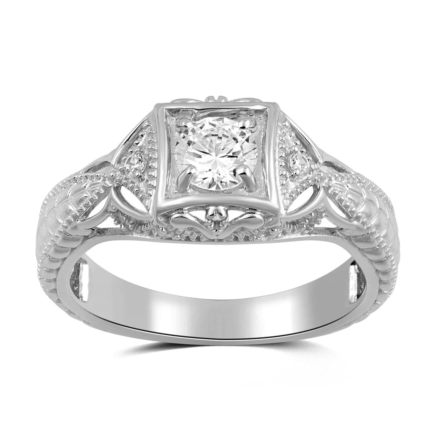 Jewelili Sterling Silver 5 MM Round Cubic Zirconia Vintage Wedding Engagement Ring