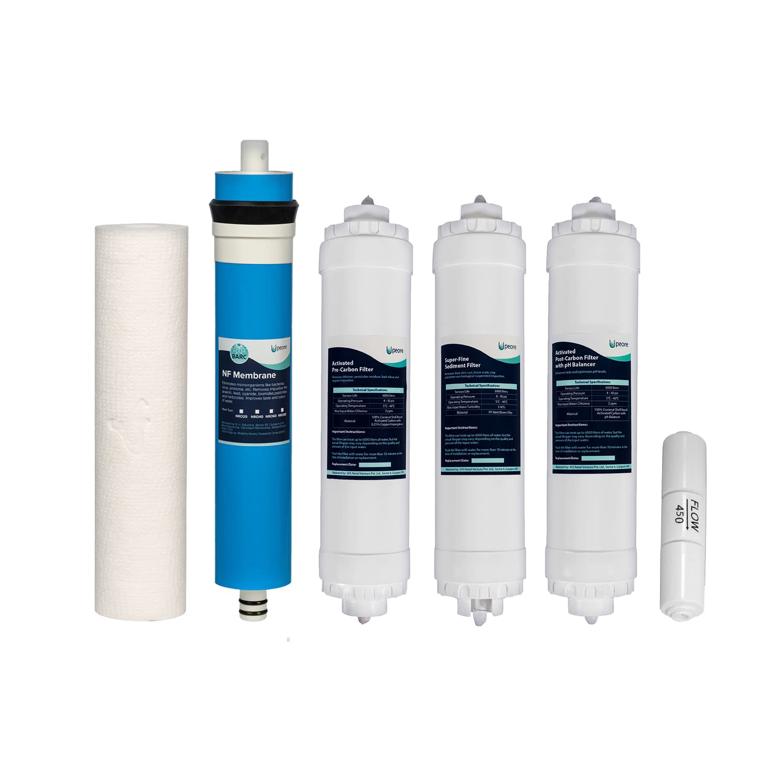 Peore NF 80 Full Service Kit for RO/NF Water Purifier | Nanofiltration Membrane + Sediment + 1100 IV Activated Pre-Carbon + Activated Post Carbon + PP Spun Cartridge/Candle + Flow Restrictor