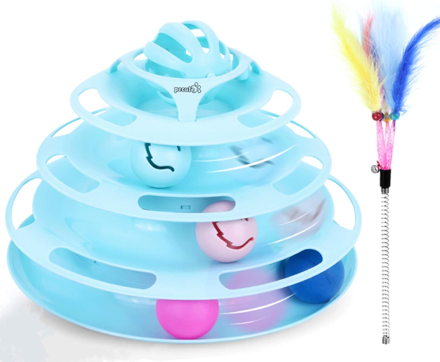 Pecute Cat Toy Roller with 360° Rotating Ball - 4 Levels Towers Tracks Roller with Catnip Ball Flashing Ball and Feather Cat Stick,…
