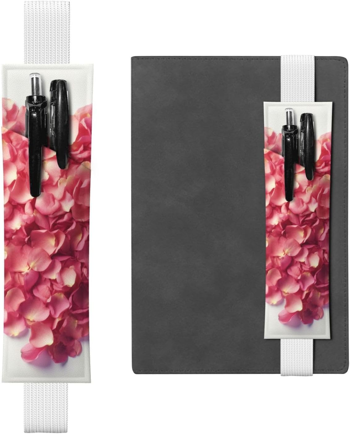 Heart Shaped Floral Petals Pen Holder for Notebook, PU Leather Pen Sleeve Pouch for Gift, Detachable Bookmark Elastic Journal Pencil Holder Case - Hold 2-3 Pens, White