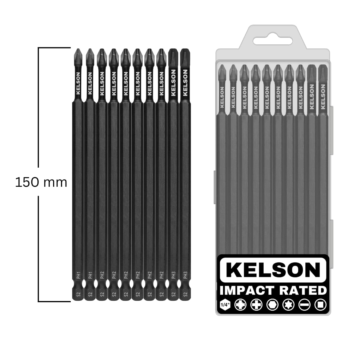 KELSON 10pcs Mixed Phillips 150mm PH1 PH2 PH3 Impact Rated Screwdriver Bits with Storage Case V2 1/4" Universal - Image 2