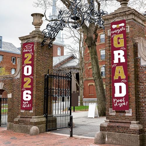 Image of Graduation Decorations 2026 Banner Porch Sign Maroon Burgundy Red Gold for Class of 2026 Graduates Party Supplies