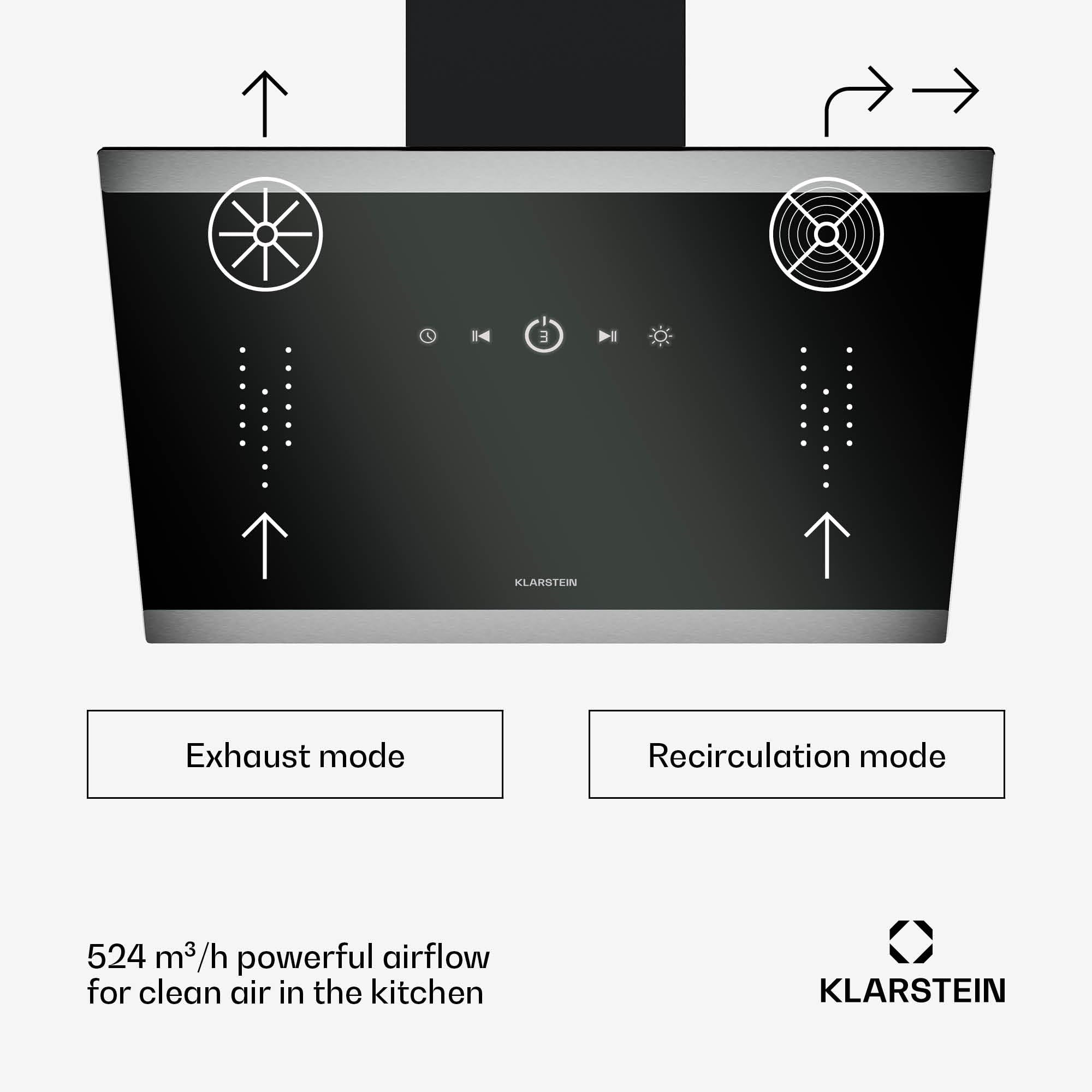 Klarstein FlashLine Okap kuchenny – Okap skośny 60 cm, Ekran dotykowy, 578 m³/h, Klasa energetyczna A++, Oświetlenie LED, cichy 34,5 dB, Czarny, Tryb wyciągu i recyrkulacji