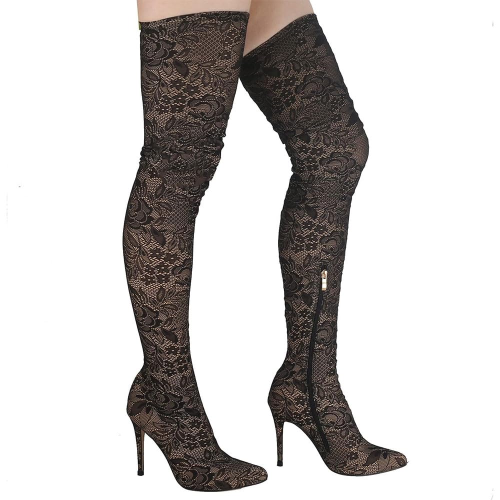 Stivali sopra il ginocchio con fiori di pizzo sexy da donna Stivali alti alla coscia sexy a punta con cerniera laterale Scarpe con tacco a spillo in rete con cerniera scarpe/J/41EU