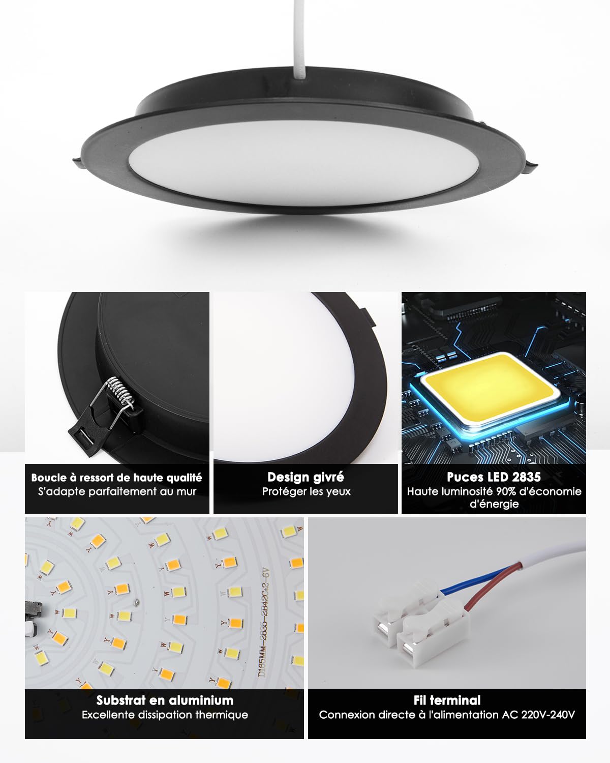 Lot de 2 Spot LED Encastrable Noir 16W, Spot Salle de Bain, IP44, Rond, 3000K/4000K/6000K, spot LED Plafond pour Cuisine Salon, Trou 145-160mm