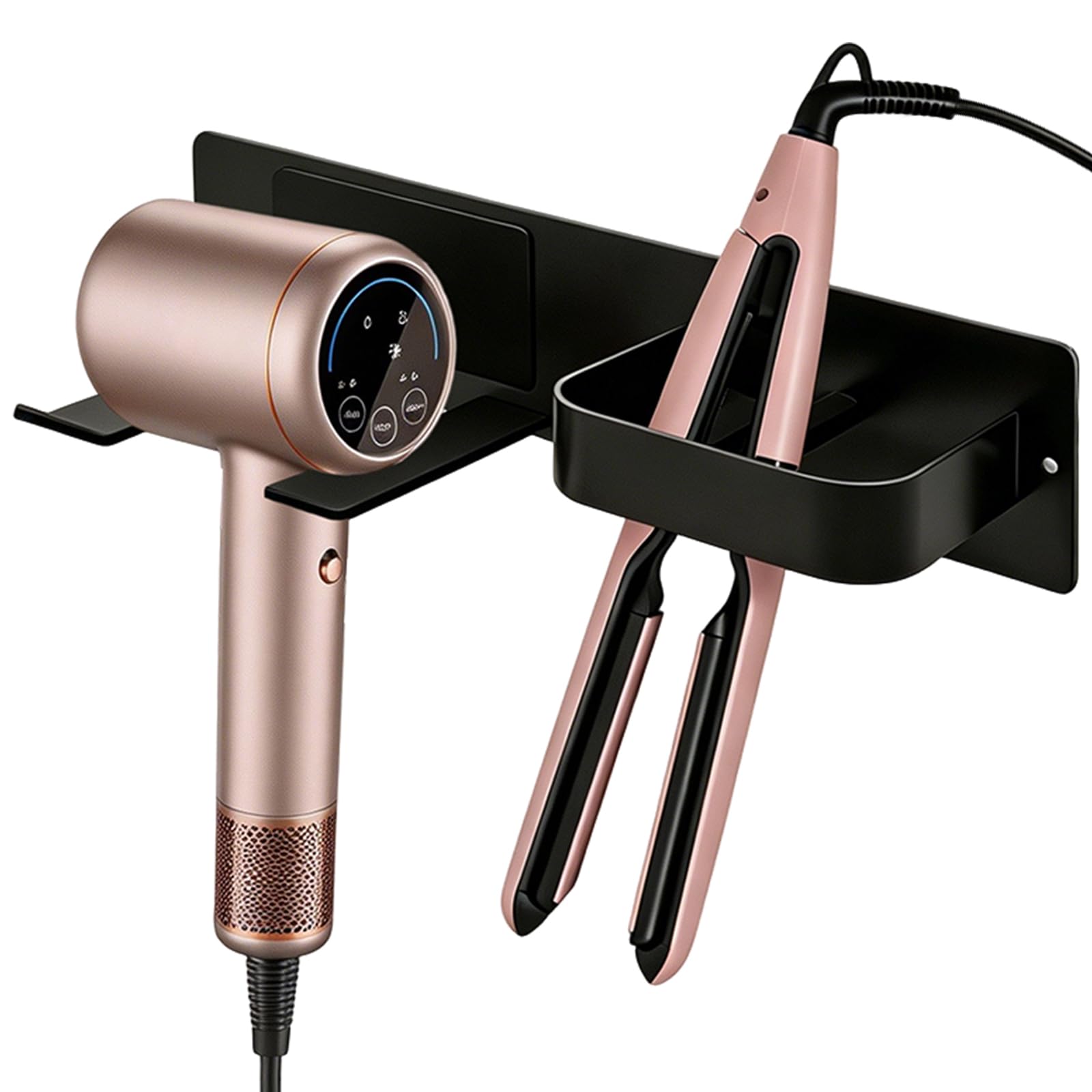 ZY-otu Hair Dryer and Straightener Holder, Stainless Steel Hairdryer Holder Wall Mounted, Self Adhesive/Drilling 2-in-1 Hair Dryer Holder for Bathroom Storage, Black