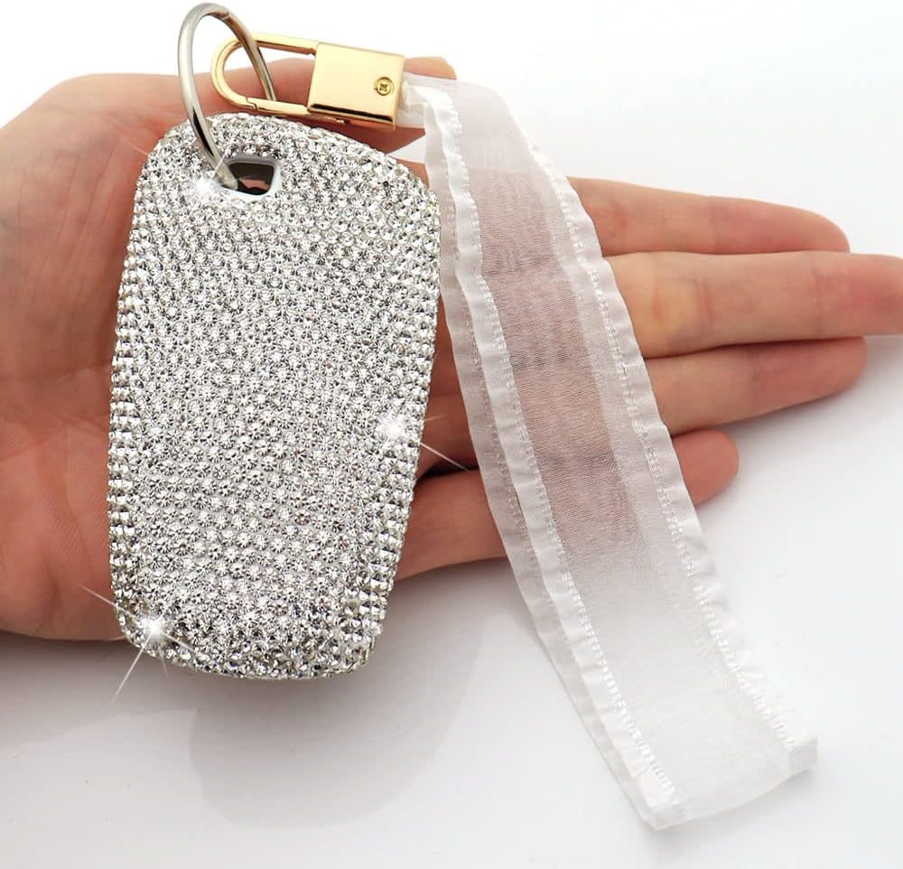 Handmade Bling Crystal Diamond Key Fob Cover Compatible with BMW 1 2 3 4 5 6 7 Series X1 X2 X3 X4 X5 X6 Z4 M5 (A, Silver)