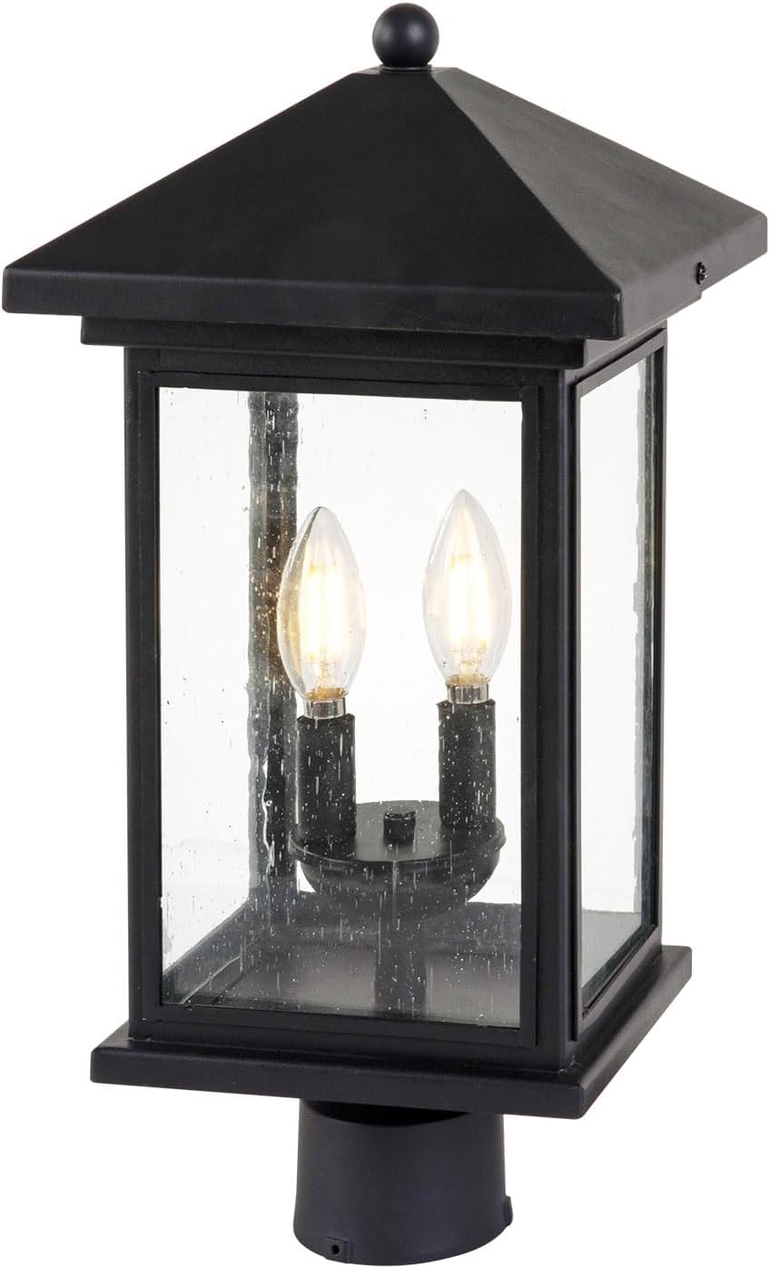 Outdoor Post Light, Waterproof Pole Lantern Lighting Fixture with Tempered Clear Seeded Glass, Matte Black Finish for Outdoors (Large Post Light)